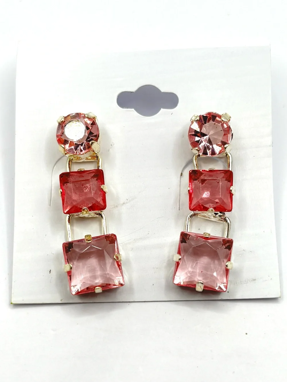 Tonal Pink Crystal Tiered Square Drop Earrings in Silver Tone